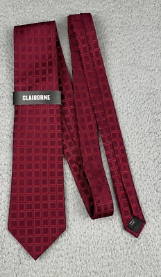 Claiborne Mens 100% Silk Tie Red Geometric Square Pattern Necktie - Image 1 of 4
