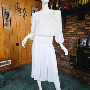 Vintage 80s Sheer Disco Winter White Gold Glitter Flame Blouson Party Dress S/M - Picture 1 of 9