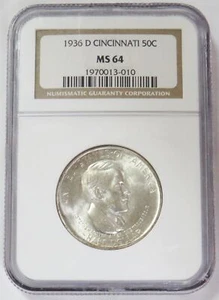 1936 D CINCINNATI SILVER 50c COMMEMORATIVE NGC MINT STATE 64 - Picture 1 of 2