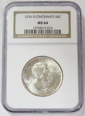 1936 D CINCINNATI SILVER 50c COMMEMORATIVE NGC MINT STATE 64 - Image 1 of 2