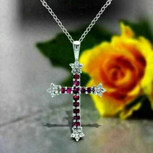 2Ct Round Cut Pink Ruby Women's Cross Pendant 14K White Gold Over 18" Free Chain - Picture 1 of 3