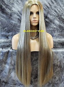 Long Straight With Hair Part Ash Blonde Full Synthetic Wig Hair Piece #22 NWT