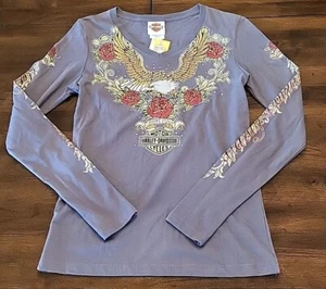  NWT Harley Davidson Women's Sz S Eagle Rose Live Free Bling Dusty Purple Top LS - Picture 1 of 19
