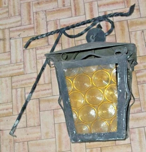 antico lampadario lampione ferro battuto cristallo ambrato con cerchi x ingresso - Foto 1 di 5