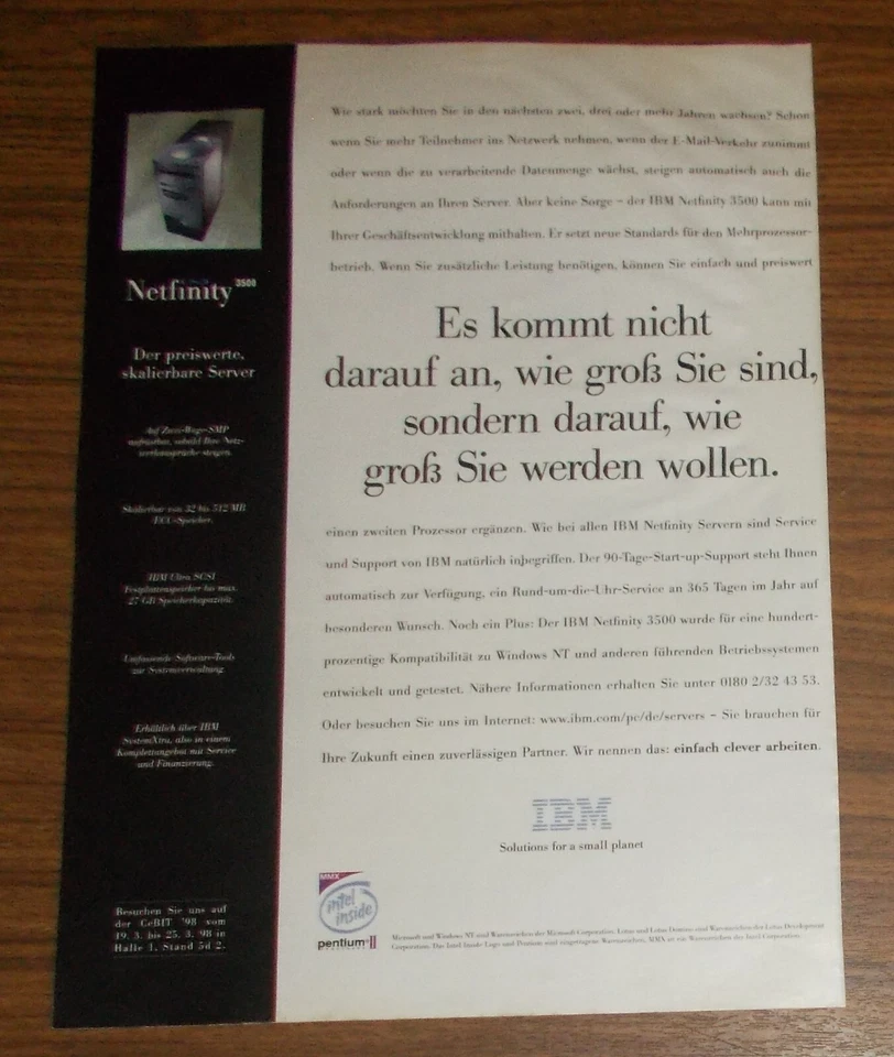 Seltene Werbung IBM NETFINITY 3500 - Der preiswerte skalierbare Server 1998 - Bild 1 von 1