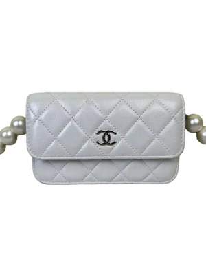 Chanel 21K White Silver Buckle Calfskin Crossbody Pearl Chain Clutch Bag - Image 1 of 4
