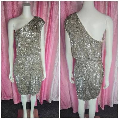 ADRIANNA PAPEL Silver Sequin Strappy One Shoulder Lined Cocktail Dress Size 10 - Image 1 of 4