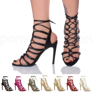 WOMENS LADIES HIGH HEEL TIE UP LACE CAGE PARTY STRAPPY SANDALS SHOES SIZE 3 36 - Picture 1 of 16