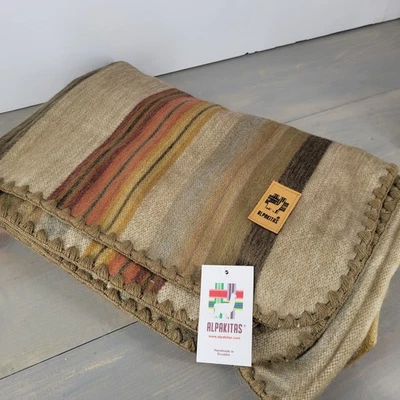 Alpaca Blend Throw Blanket Striped Earth Tones Textured Trim Alpakitas Handmade - Image 1 of 4
