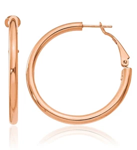 14K Solid Rose Gold Round Omega Clip Back Medium Hoop Earrings - Picture 1 of 11