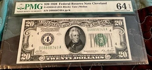 1928 20 Dollar Federal Reserve Note CLEVELAND Fr. 2050 PMG 64 EPQ - Picture 1 of 2