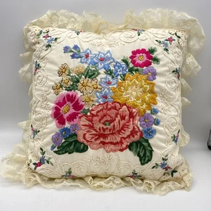 Floral embroidered coquette throw pillow cottage core handmade flowers cabin cor - Picture 1 of 7