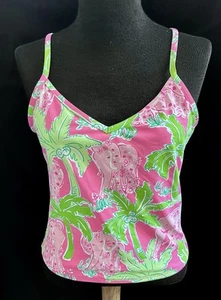 Top de baño vintage Lilly Pulitzer rosa, verde y blanco elefante + palmera - talla 6 - Imagen 1 de 3