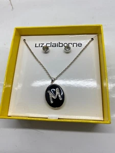 Liz Claiborne Rhinestone Initial "M" Locket Charm Toggle Necklace and Earrings - Picture 1 of 13