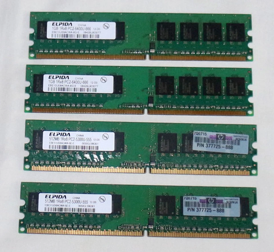 Lot of 4 ELPIDA Memory: total 3GB (2x1GB & 2x512MB) PC2-6400U-666 & PC2-5300U-55 - Image 1 of 1