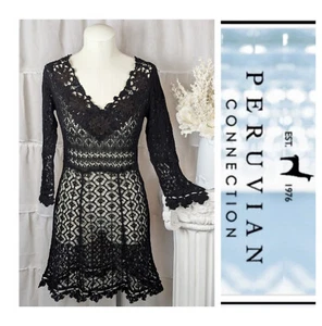 Peruvian Connection Black Lace Crochet Fitted Dress Size Small - Picture 1 of 8