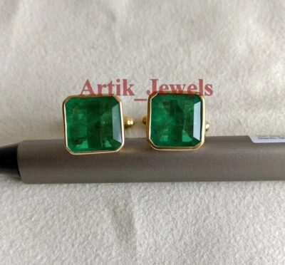 Labor Erstellt Smaragd Edelstein Mit 14K Vergoldet Silber Manschettenknopf #680 - Bild 1 von 4