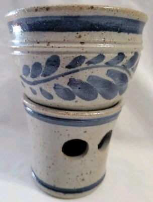 Salt Glaze Stoneware Candle Wax Warmer 2 Pc Signed Primative Country Blue Gray - Image 1 of 4