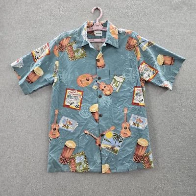 Camisa De Colección Go Barefoot Hombres Abotonada M Azul Guitarra Tambor Hecha en Hawaiana EE. UU. Foto 1 de 4