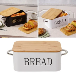 Bread Bin Metal Storage Box Kitchen Food Loaf Bread Container Bamboo Lid Box - Picture 1 of 13