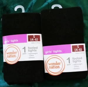 lot 2 prs WONDER NATION Footed Tights sz S 4-6 Black Lightweight Cotton Stretch - Picture 1 of 2