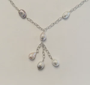 925 STERLING SILVER MULTI COLOR BAROQUE PEARL COLLAR NECKLACE WITH DROP CHAINS - Picture 1 of 7
