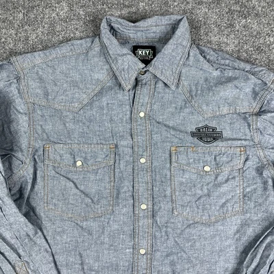 Camisa de Trabajo Key Para Hombre L Azul Cambray Denim Manga Larga Perla Occidental Foto 1 de 4