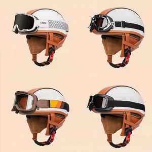 DOT Leather Motorcycle Half Open Face Helmet Cruiser Scooter Helmet White Orange - Picture 1 of 19