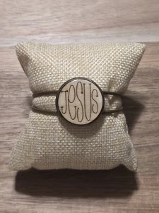 Bronze Bangle Bracelet With Handmade Laser Cut Wood Jesus Insert - Picture 1 of 2