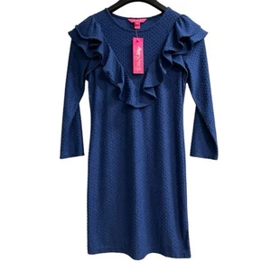 Lilly Pulitzer Pheby Dress Womens XS Blue Cozy Knit Swiss Dot Mini Ruffle Party - Picture 1 of 11
