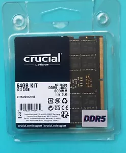 Crucial 64GB Kit (2 x 32GB) DDR5 4800 PC5-38400 Laptop Memory P/N CT2K32G48C40S5 - Picture 1 of 3