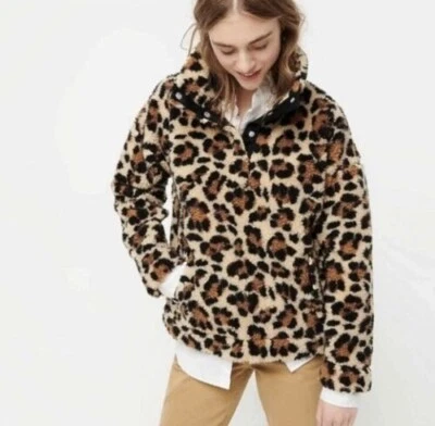 J CREW Cuello A Presión Sherpa Polar Sudadera Leopardo Pullover Chaqueta XS Foto 1 de 4
