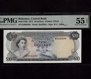 Bahamas 10 Dollars 1974 P-38b * PMG AU 55 EPQ * Queen Elizabeth * - Picture 1 of 2