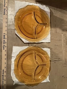 2 Vintage Amber Glass Divided Snack Grilling Plates - Picture 1 of 5