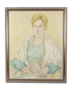 Vintage Framed Portrait Oil Painting Of Woman With Fan Signed R. Madwed 77 - Picture 1 of 14