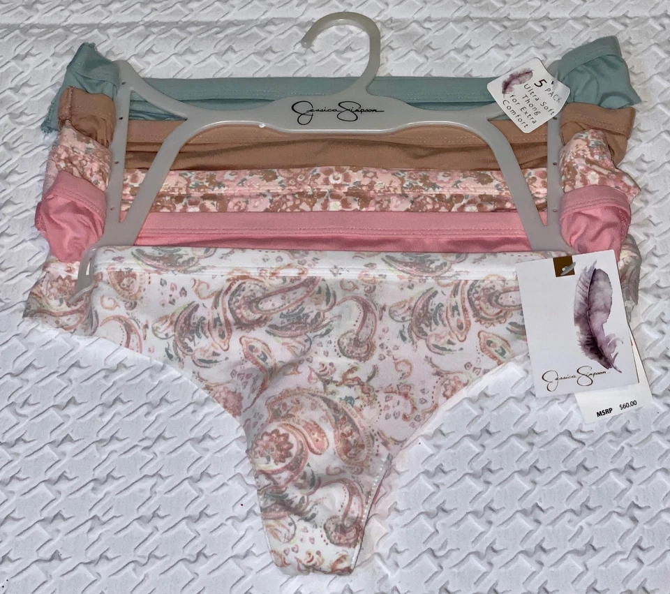 JESSICA SIMPSON Rosa Verde Blanco Desnudo Encaje Espalda 5 Pk Tanga Panty Mujer Talla S M L Foto 1 de 4