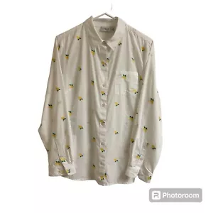 Kim Rogers Womens PM Lemon White Button Up Embroidered Roll Tab Sleeve Shirt Top - Picture 1 of 10