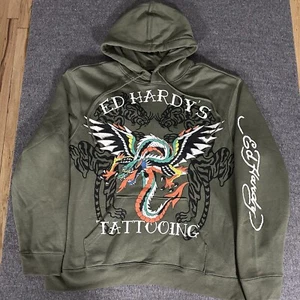 Ed Hardy Hoodie Mens XL Green Graphic Print Tattoo Fire Breathing Dragon Tiger - Picture 1 of 10