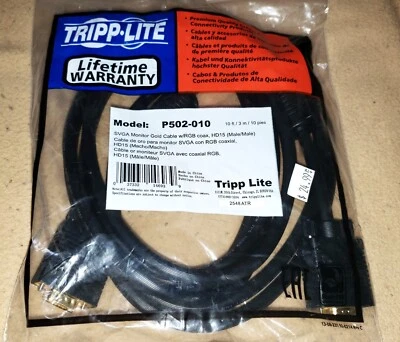 New 10' Tripp Lite P502-010 SVGA Monitor Gold Cable w/RGB Coax, HD15 Male/Male - Image 1 of 2