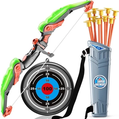 TEMI LED Bow and Arrow Set for Kids – 10 Suction Arrows, Target & Quiver Toy Kit