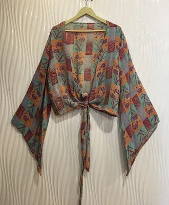 Silk Green Wrap Top Tie Blouse Boho Crop Tops Dress Girls Woman Clothing PSW1677 - Image 1 of 4