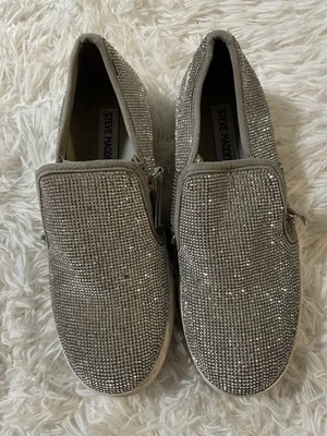 Steve Madden Benton Quilted Rhinestone Bling Silver Slip On Sneakers Womens 6.5 - Image 1 of 4