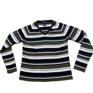 Rafaella Stretchy Sweater Knit Top Women L Green black vtg 90s Retro 1970s strip - Picture 1 of 20