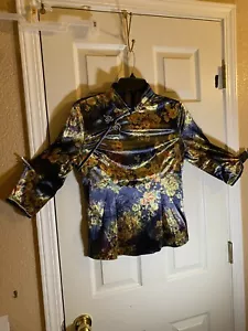 Shanghai Story Laogudai Women Large Floral Top 3/4 Sleeves Back Zipper Pull Over - Picture 1 of 12