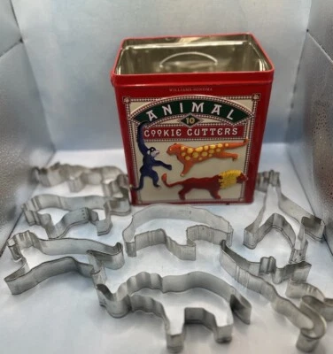 Vtg Set 7 Williams Sonoma Circus Animal Cracker Cookie Cutters w Tin Wood Handle - Image 1 of 4