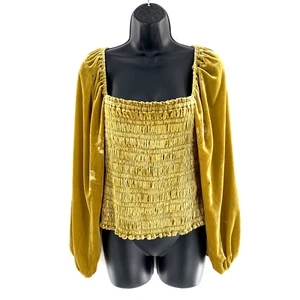 Anthropologie Womens Velvet Smocked Square Neck Blouse Top Gold Balloon Sleeve S - Picture 1 of 11