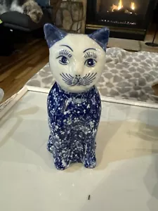 Vintage Blue & White Floral Large Chinoiserie Porcelain Cat Figurine 8" Tall - Picture 1 of 6