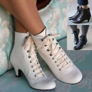 Womens Gothic Kitten Heel Ankle Boots Ladies Vintage Lace Up Booties Shoes Size - Picture 1 of 25