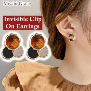 Pendientes con clip marrón invisible negro blanco círculo oro pendientes sin perforar - Imagen 1 de 20