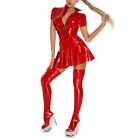 Short Sleeve Pvc Leather Dress With Pleated Skirt For Women's Clubwear